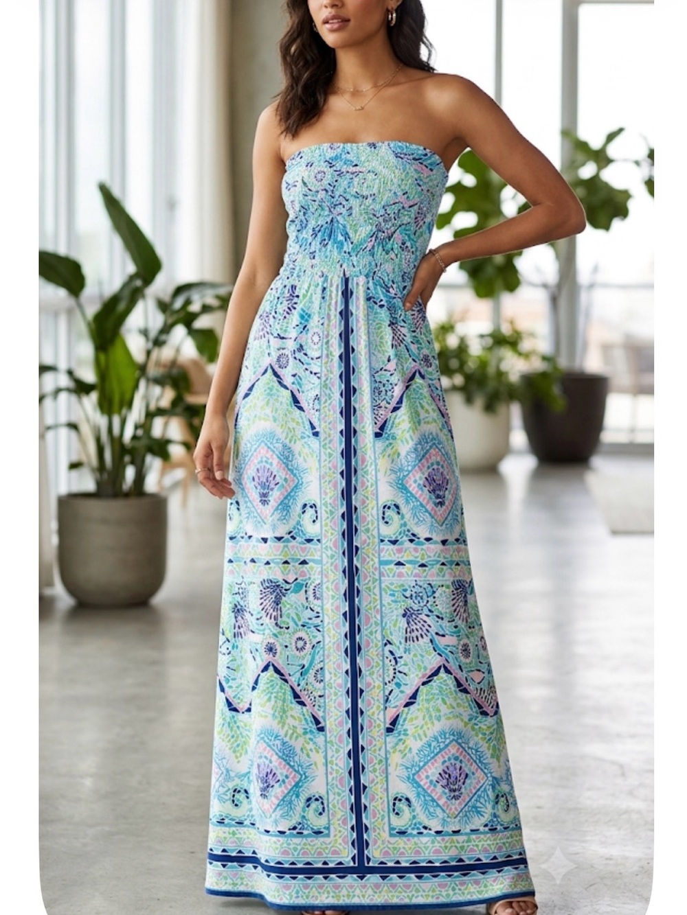Lilly Pulitzer Marnie Strapless Maxi Dress in Open Water Print. Size Medium. - Picture 1 of 8